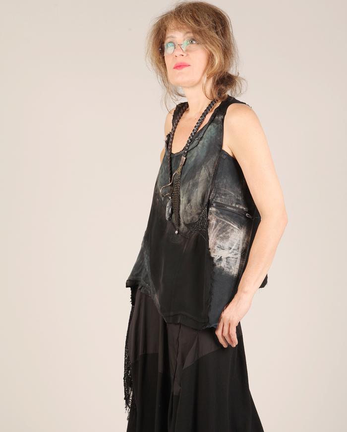 'drape the night away' asymmetrical detailed black distressed top