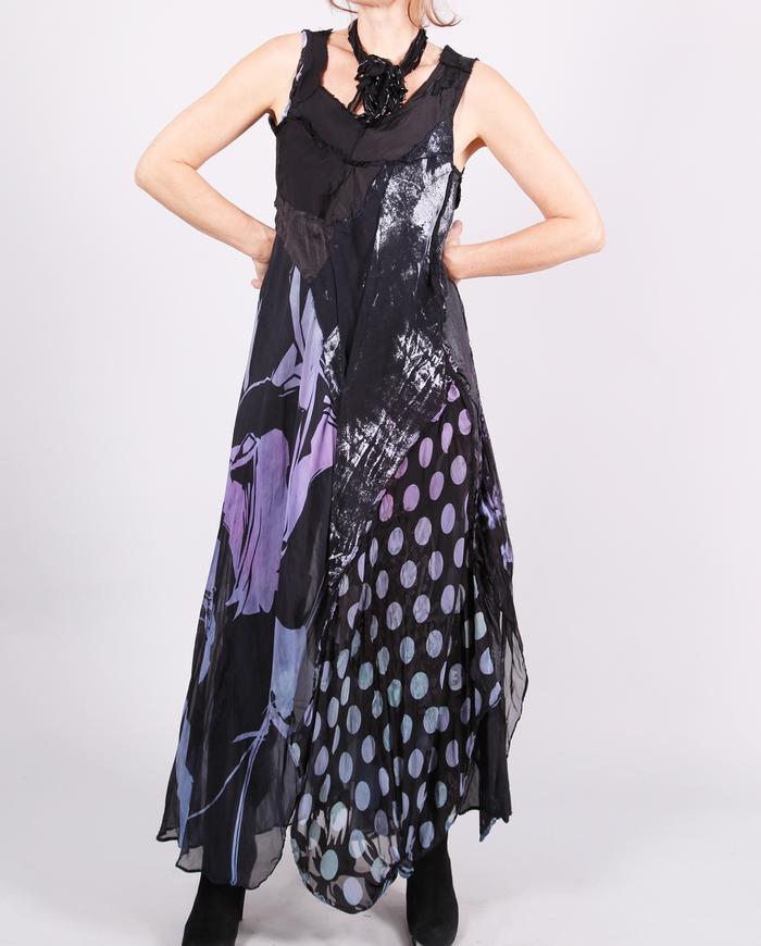 'no frills thrill' mixed fabrics asymmetrical maxi dress