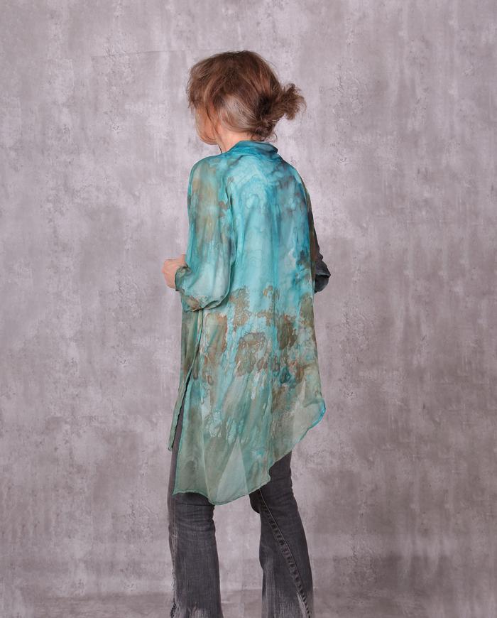 'Caribbean landscape' asymmetrical semi-sheer silk tunic OSFA