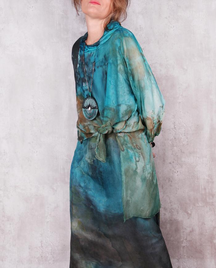 'Caribbean landscape' asymmetrical semi-sheer silk tunic OSFA