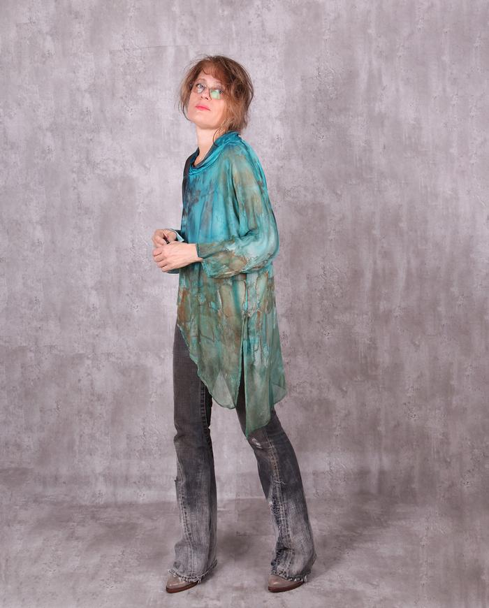 'Caribbean landscape' asymmetrical semi-sheer silk tunic OSFA