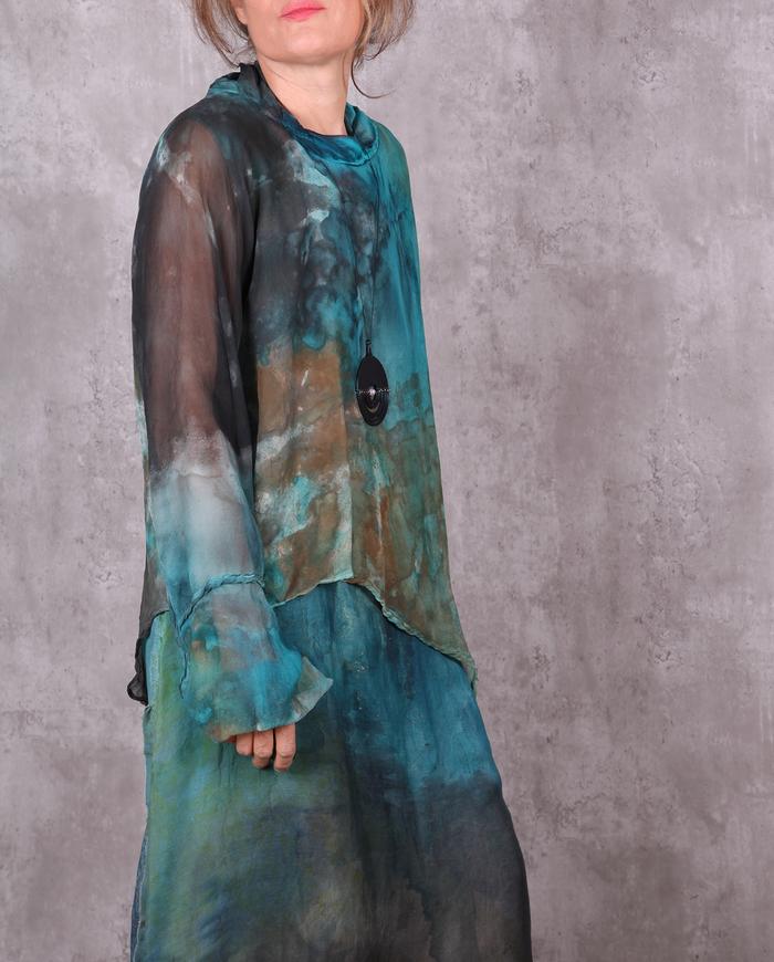 'Caribbean landscape' asymmetrical semi-sheer silk tunic OSFA