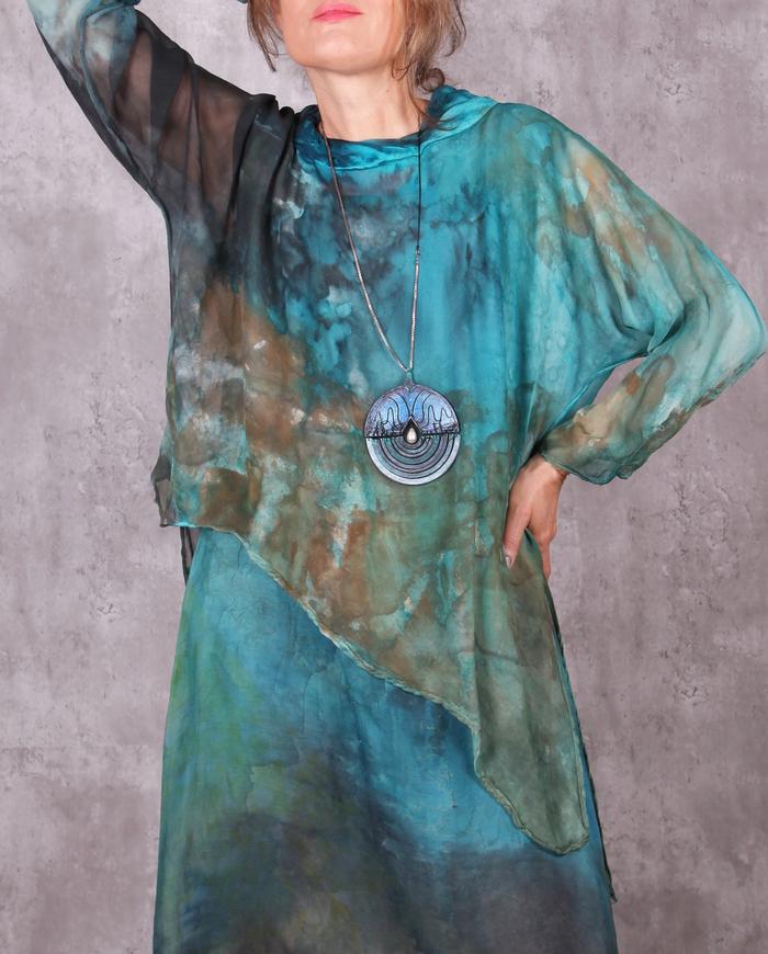 'Caribbean landscape' asymmetrical semi-sheer silk tunic OSFA