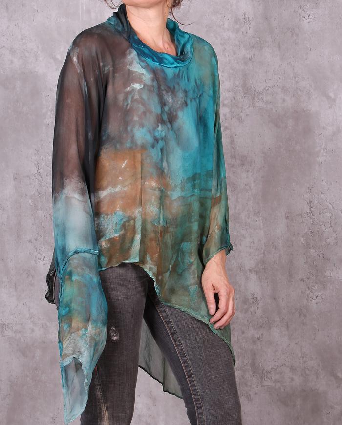 'Caribbean landscape' asymmetrical semi-sheer silk tunic OSFA