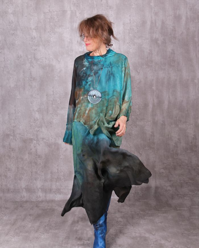 'Caribbean landscape' asymmetrical semi-sheer silk tunic OSFA