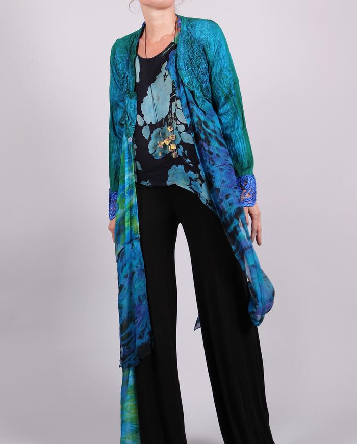 'almost like flying' mixed silks asymmetrical jacket