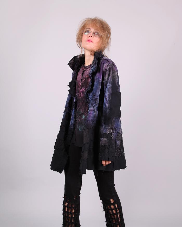 'in violet keys' oversized fiber art distressed black jacket