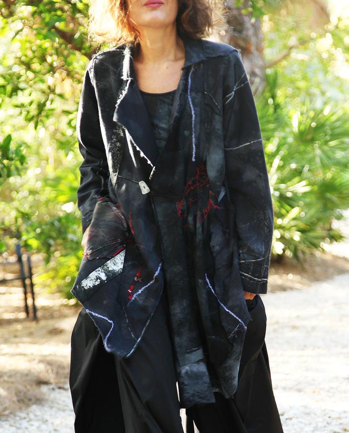 avant-garde asymmetrical black midi jacket