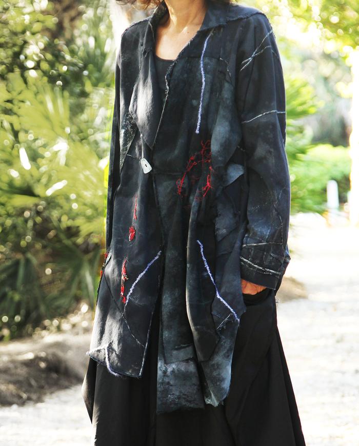 avant-garde asymmetrical black midi jacket