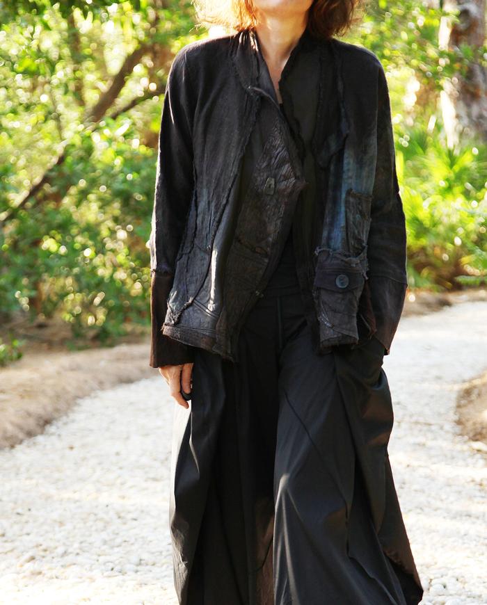 short espresso patchwork leather and Belgian linen jacket