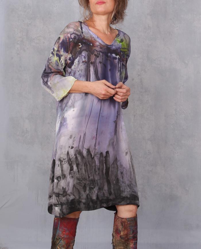 'a fluid landscape' silk crepe watercolor dress