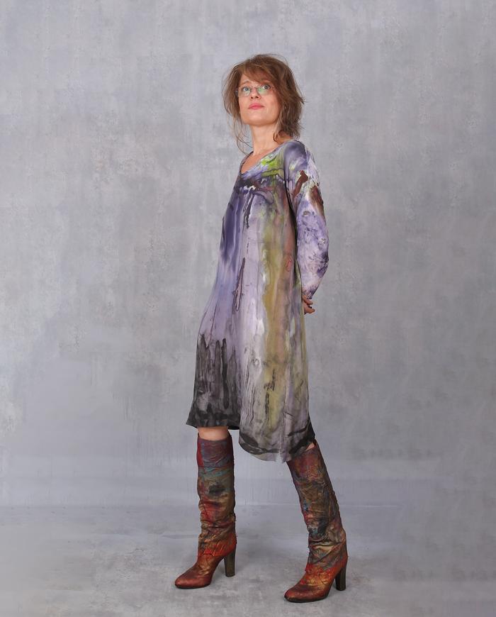 'a fluid landscape' silk crepe watercolor dress