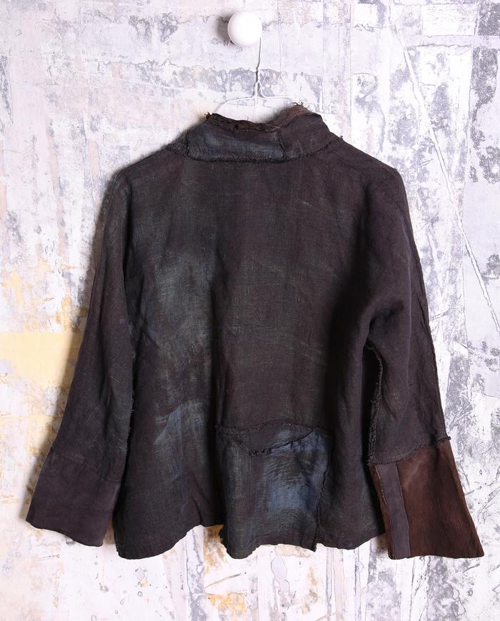 short espresso patchwork leather and Belgian linen jacket