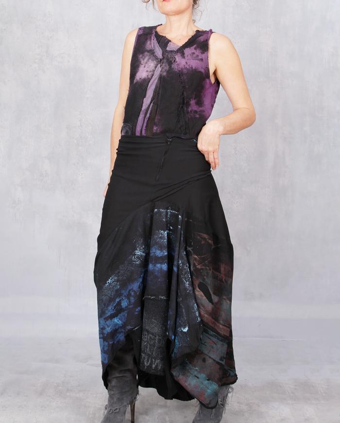 'befittingly full' long asymmetrical skirt