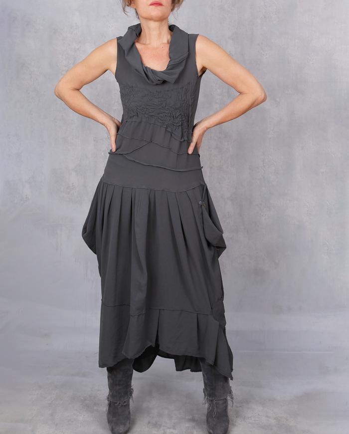 'comfortably statuesque' modern gray stretch maxi dress