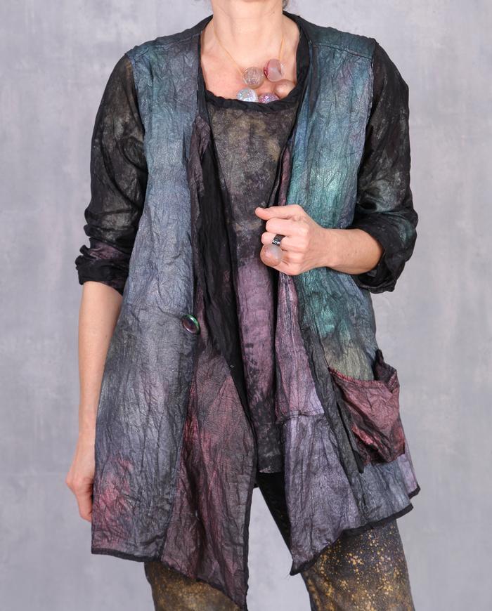 'crispy and sparkly' weightless crinkled asymmetrical vest