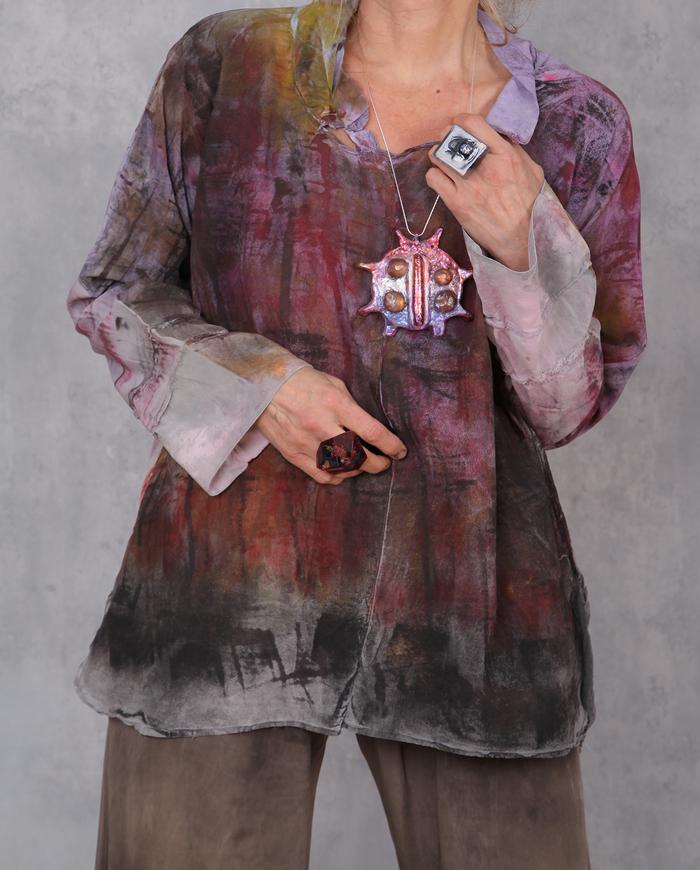 'weekend play' mixed pattern loose-fitting silk blouse