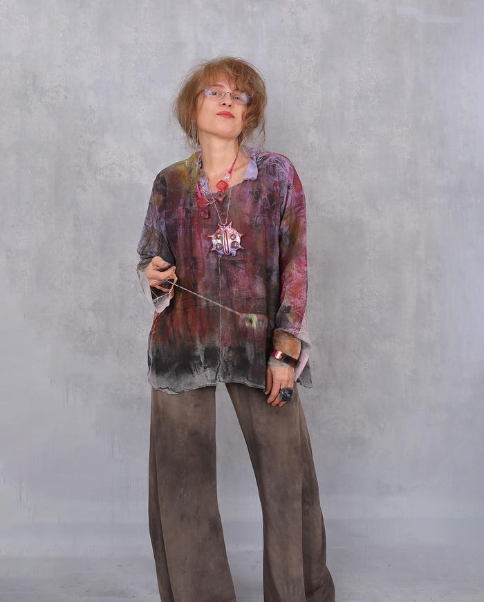 'weekend play' mixed pattern loose-fitting silk blouse