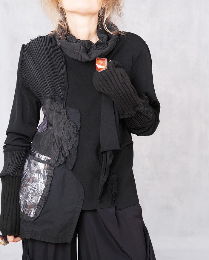 'texture play' mixed fabrics black modern top