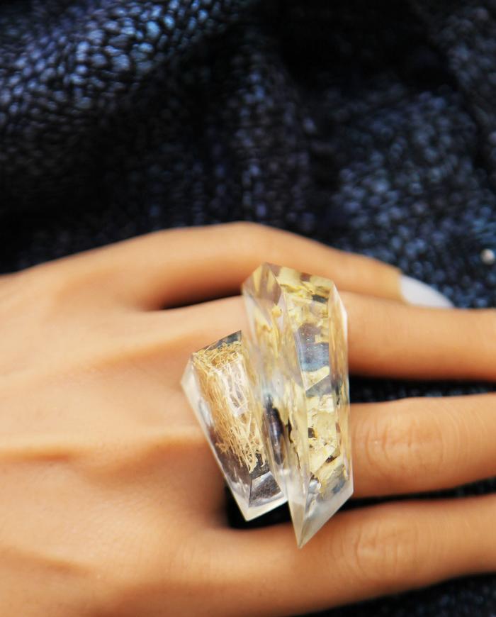 'pure nature' asymmetrical avant-garde transparent art ring
