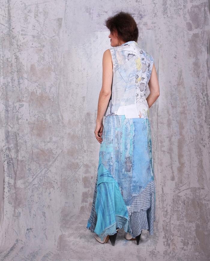bright blues A-line patchwork hand-painted maxi skirt
