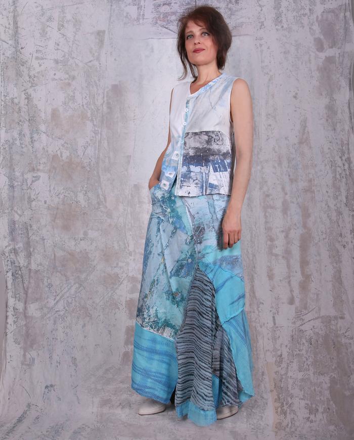 bright blues A-line patchwork hand-painted maxi skirt