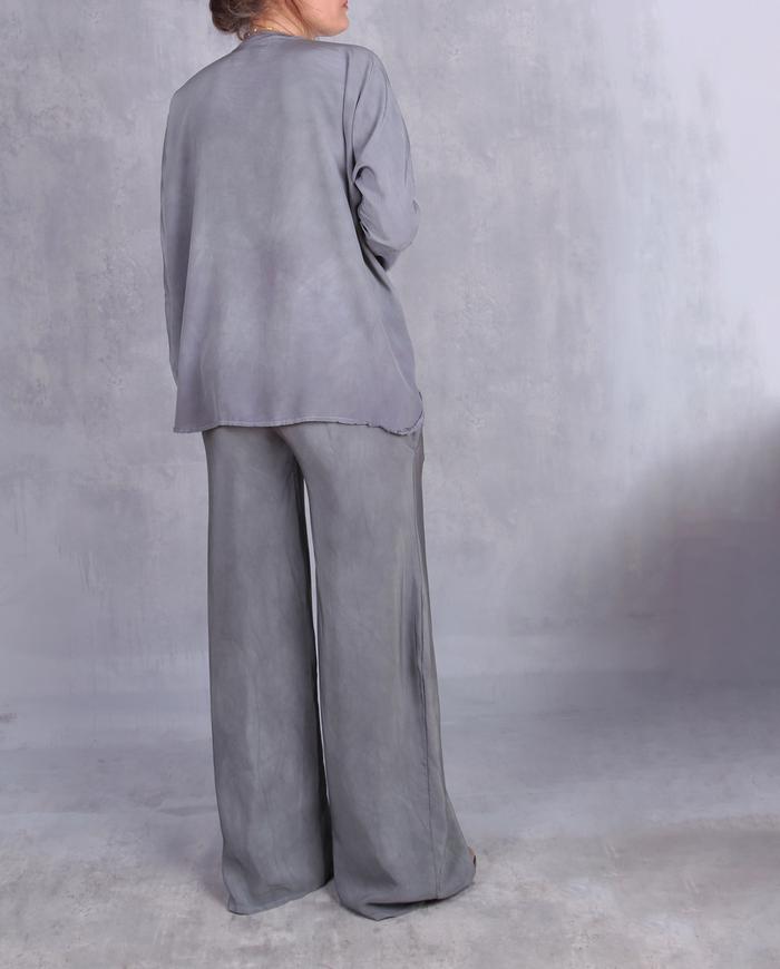 'fluidly neutral' gray-green heavy silk pants