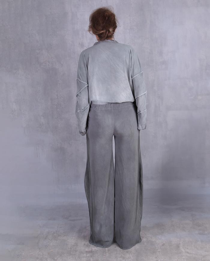 'fluidly neutral' gray-green heavy silk pants