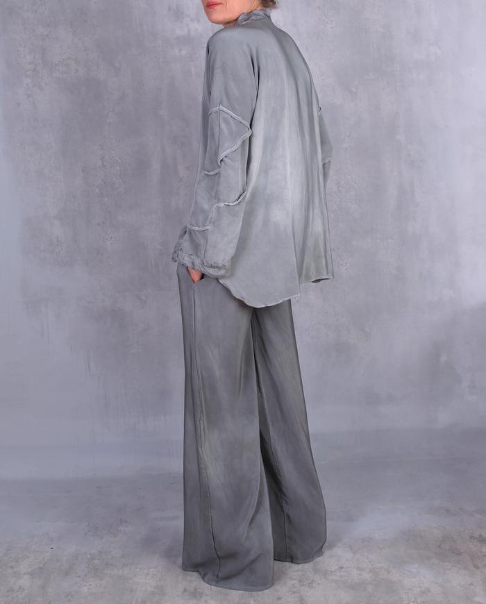 'fluidly neutral' gray-green heavy silk pants