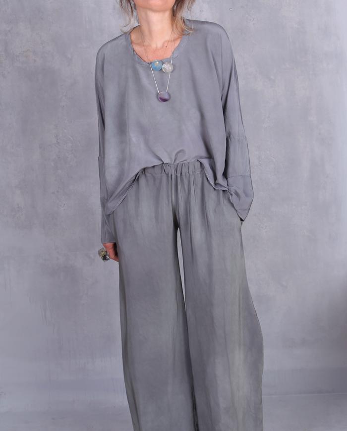 'fluidly neutral' gray-green heavy silk pants