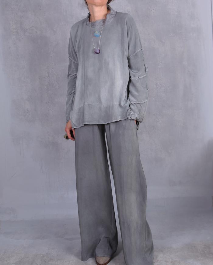 'fluidly neutral' gray-green heavy silk pants