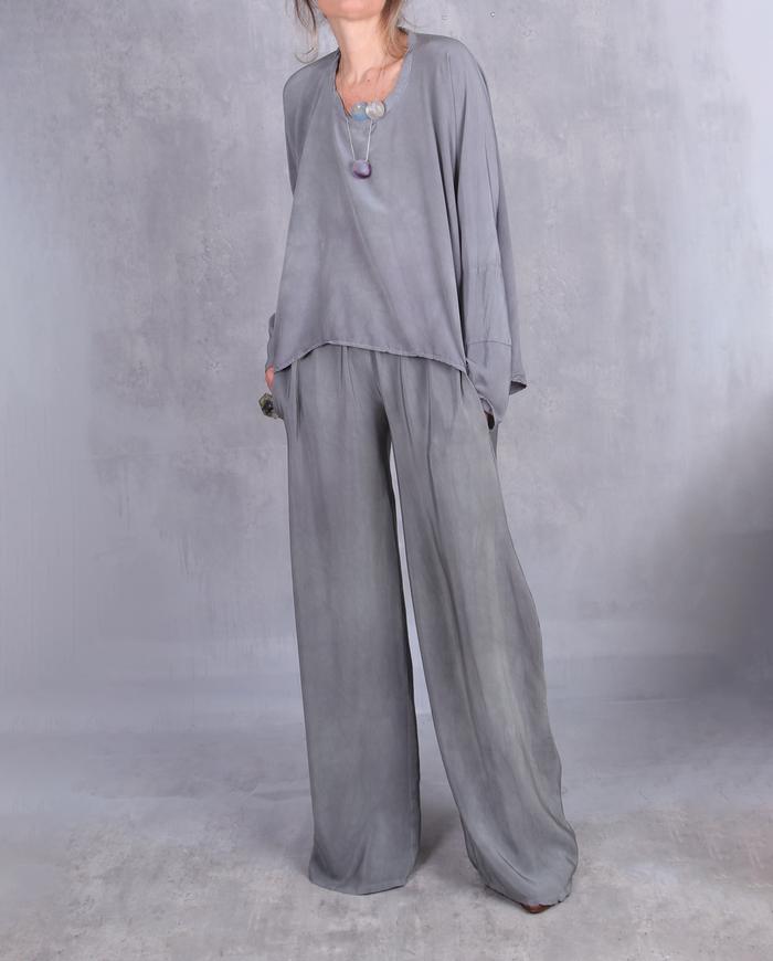 'fluidly neutral' gray-green heavy silk pants