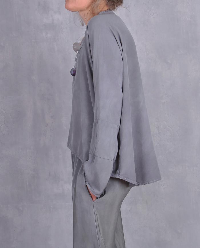 'modernly neutral' one-size gray-green silk blouse