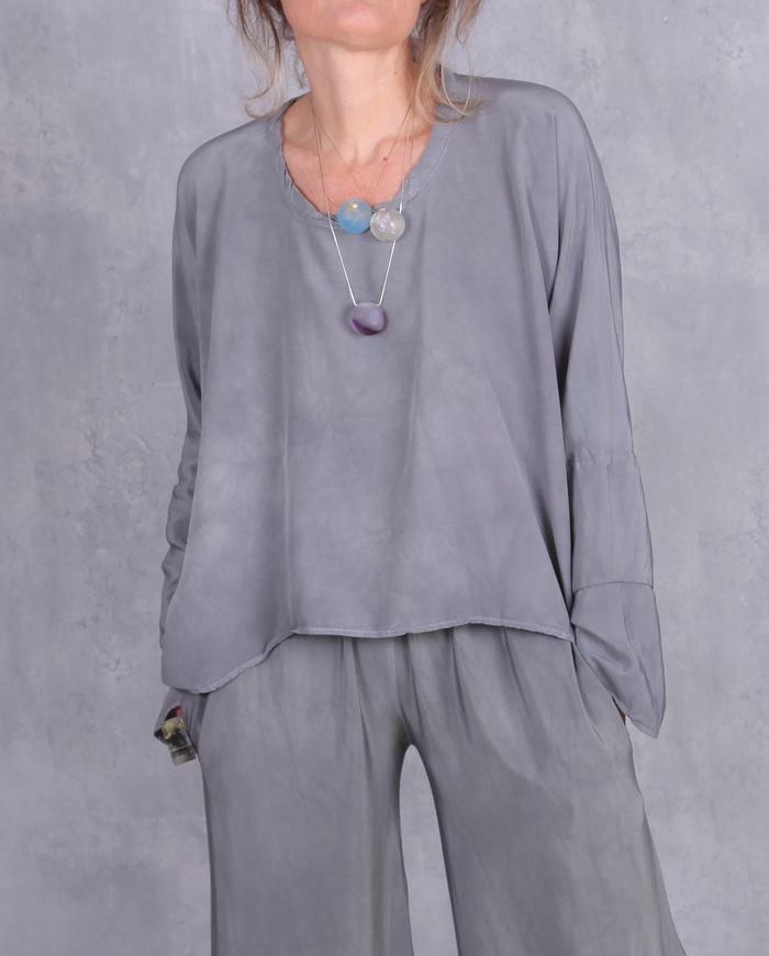 'modernly neutral' one-size gray-green silk blouse