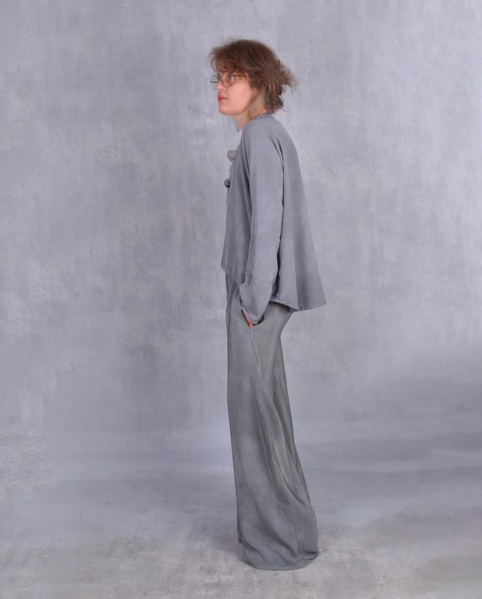 'modernly neutral' one-size gray-green silk blouse