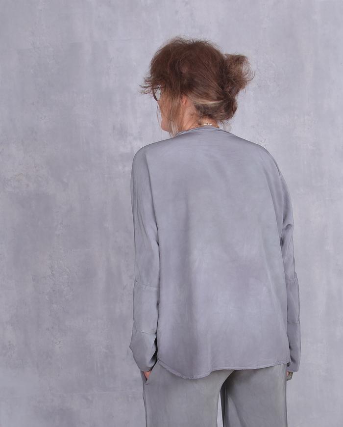 'modernly neutral' one-size gray-green silk blouse