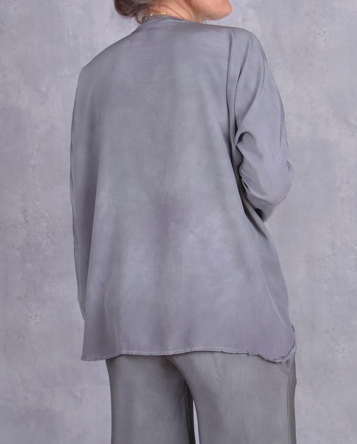 'modernly neutral' one-size gray-green silk blouse
