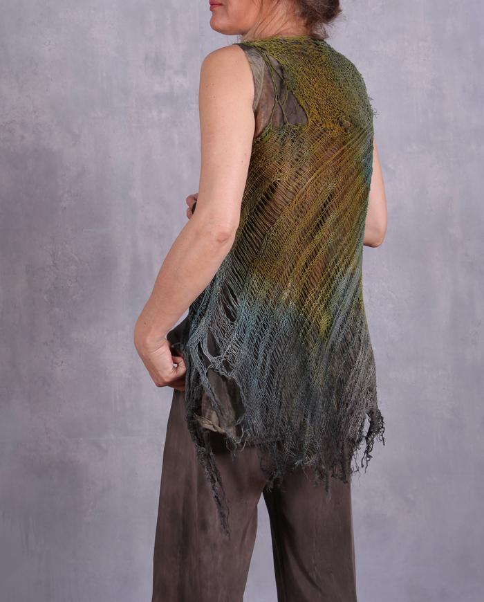 'a web to drape' hand-knitted painted overlay vest
