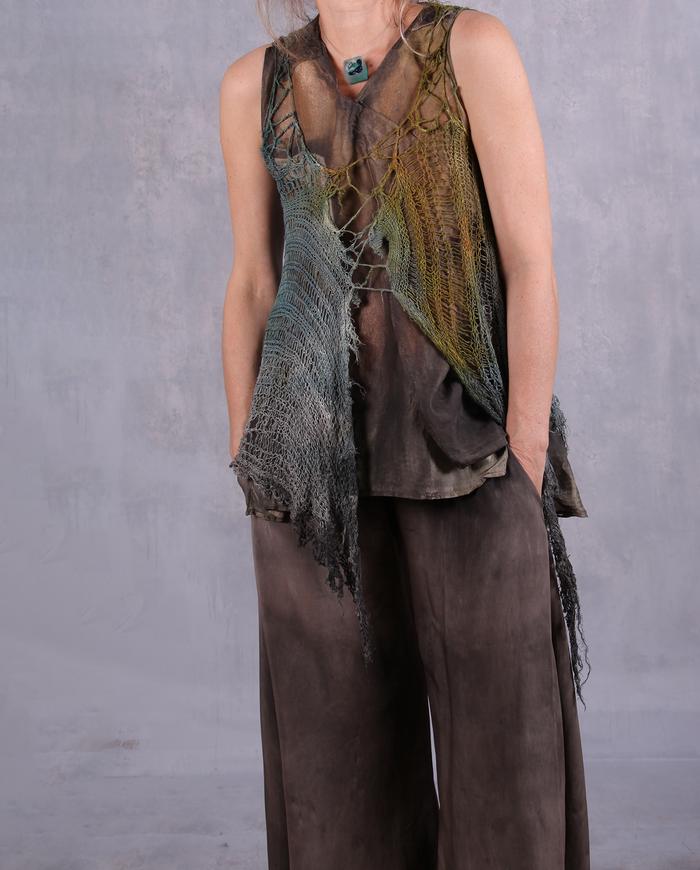 'a web to drape' hand-knitted painted overlay vest