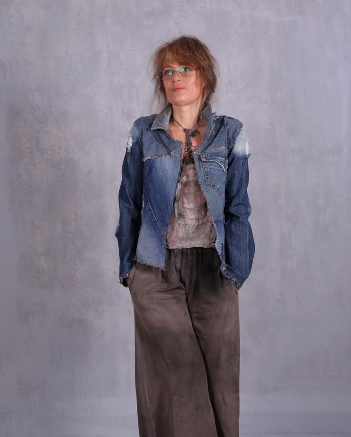 'a meting of denims' recycled short jeans jacket