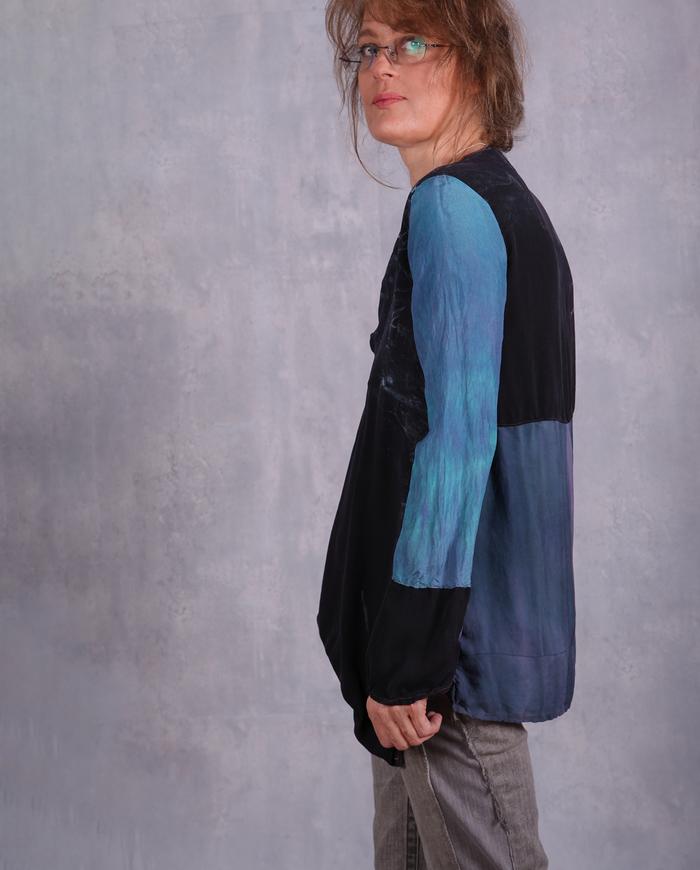 asymmetrical two-tone v-neck silk blouse