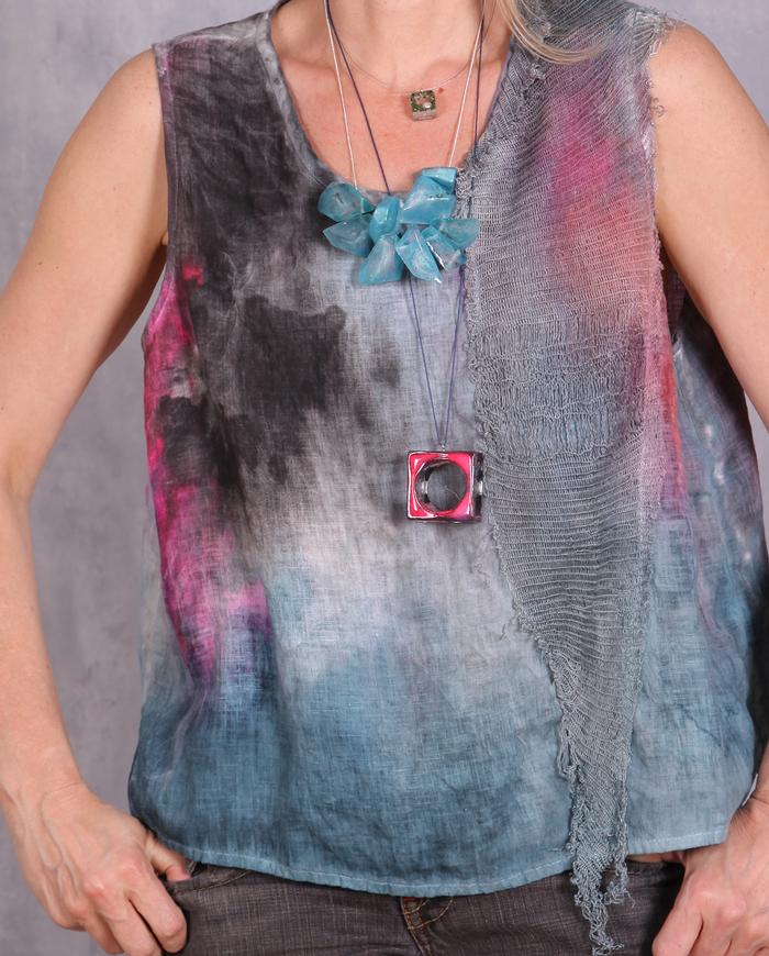 'vibrantly breezy' linen top with overlay