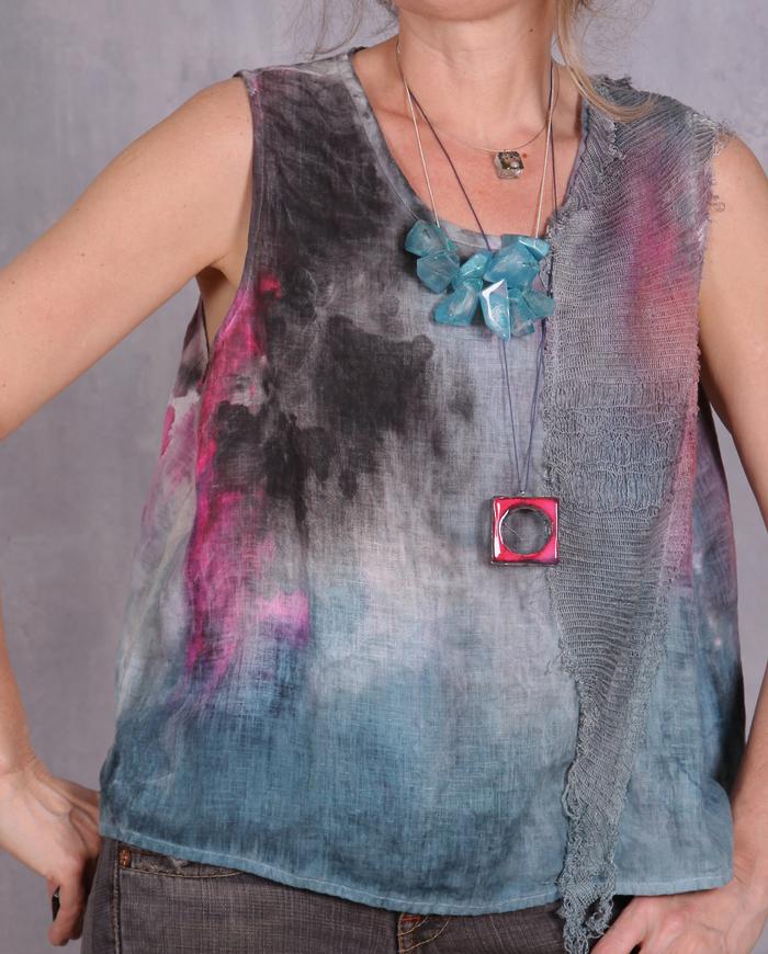 'vibrantly breezy' linen top with overlay