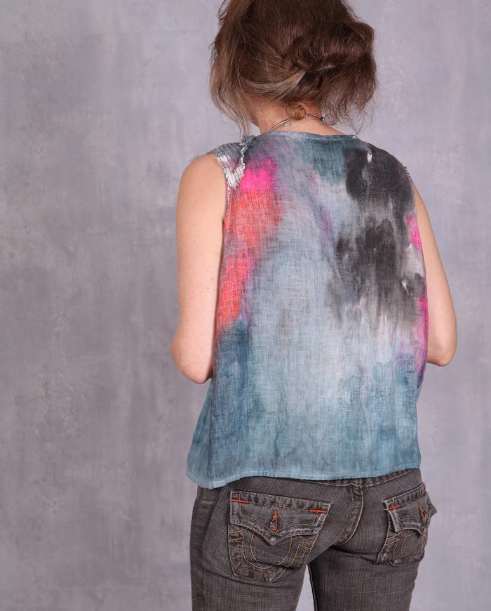 'vibrantly breezy' linen top with overlay