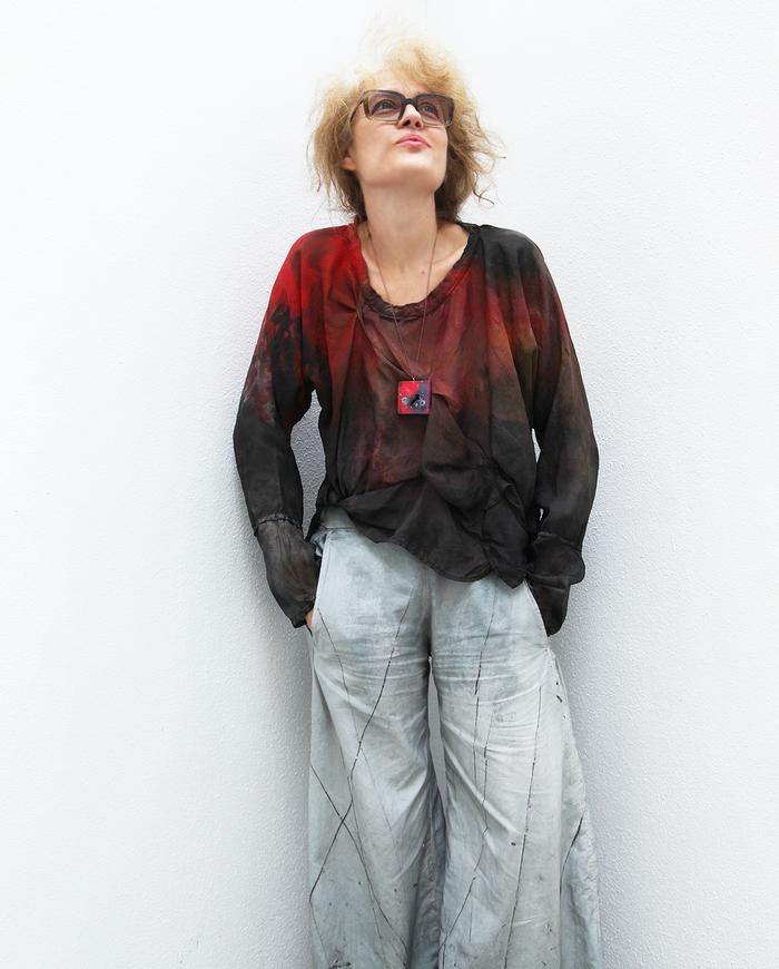 'flamenco nights' cultural loose-fitting silk painted top