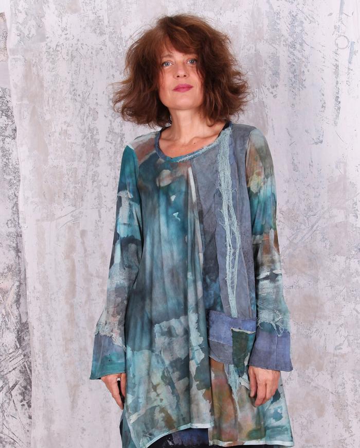 subtle watercolors hand-painted A-line long loose fit tunic