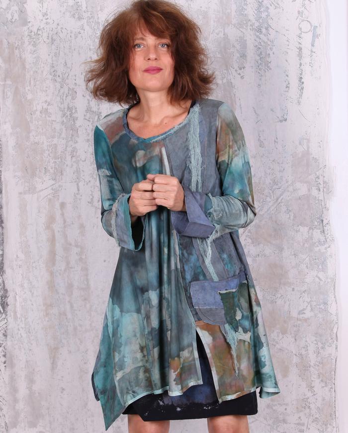 subtle watercolors hand-painted A-line long loose fit tunic