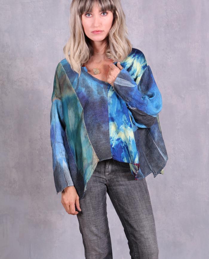 'pure cozy vibes' mixed fabrics asymmetrical top