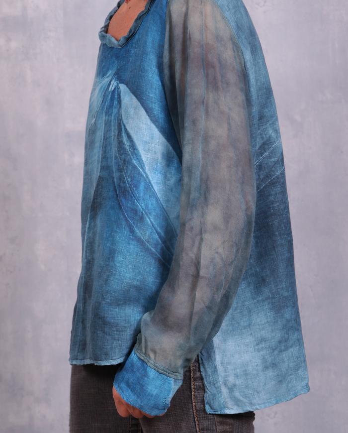'indigo leaves unfolding' hand-painted natural top