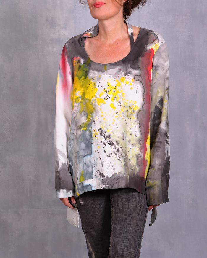 'when lines and dots connect' thick silk asymmetrical blouse